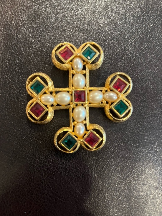Joan Rivers Jewelry - Joan Rivers Gold-Tone Maltese Cross Brooch with Pearls and Red & Green stones